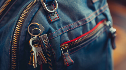 A school bag with a keychain dangling from its zipper, hinting at personalization. - obrazy, fototapety, plakaty