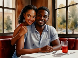 couple sitting in restaurant - obrazy, fototapety, plakaty