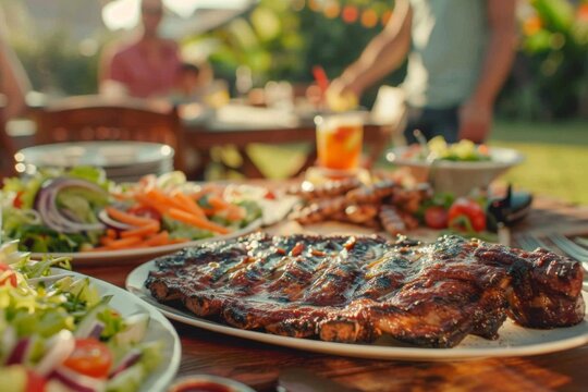appetizing grilled meat and fresh salads on outdoor dinner table happy people enjoying backyard bbq party