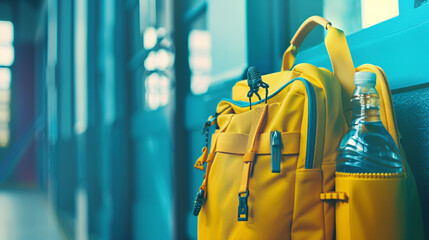 A school bag with a lunchbox and water bottle, ready for a day at school.