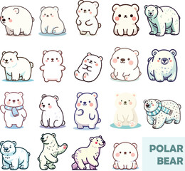 set collection cute cartoon chibi polar bear vector