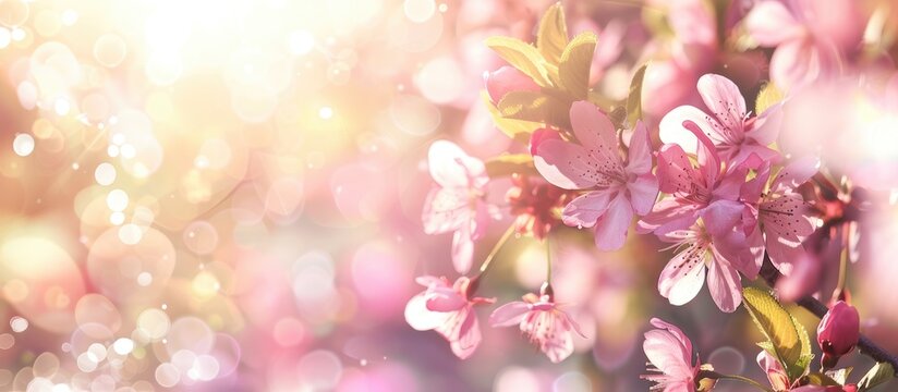 Artistic display of blossoming pink flowers along the border or background. Stunning depiction of nature showcasing a blooming tree under the radiant sun.