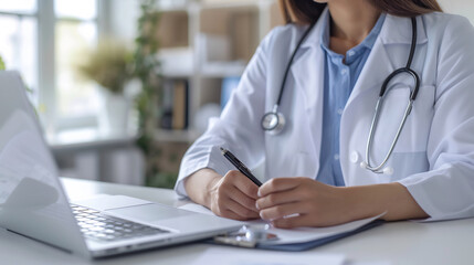 Close Up Dedicated Healthcare Professional Female Doctor Reviewing Patient Information on Laptop, Integrating Technology with Medical Expertise