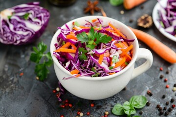 Red cabbage and carrot salad in white bowl