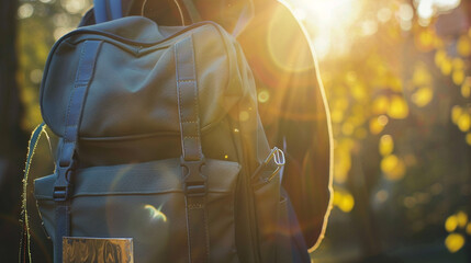 A school bag with a reflective strip, glinting in the sunlight as it hangs from a backpack.