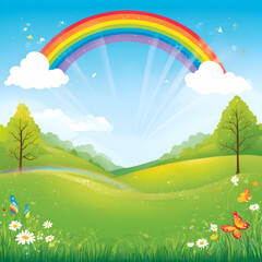 Field illustrations with rainbow floating, children's book illustrations, children's book covers