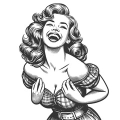 woman laughing heartily, her head thrown back in a moment of pure joy and infectious mirth sketch engraving generative ai fictional character vector illustration. Black and white image.