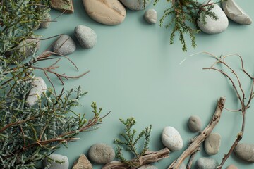 Abstract nature scene with a composition of juniper, stones, and dry snags. Neutral green background for cosmetic, Copy space - generative ai
