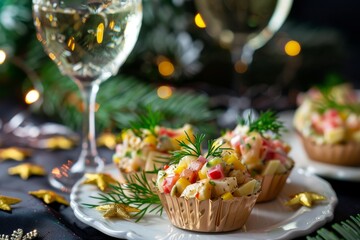 Russian New Year appetizers Olivier salad vinaigrette and tartlets Festive table with fir tree branches golden stars and wine glasses in close up
