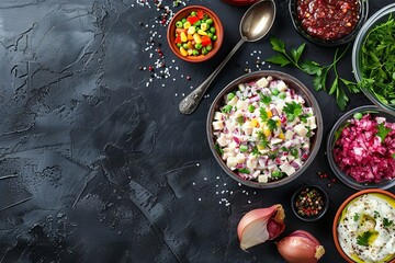 Russian food on dark background Assortment of salads Olivier vinaigrette herring Top view with copy space