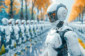 Futuristic ai robots assembled in autumn setting