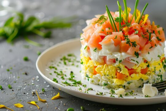 Russian national cuisine Mimosa salad with fish on a white plate Step 8 of recipe
