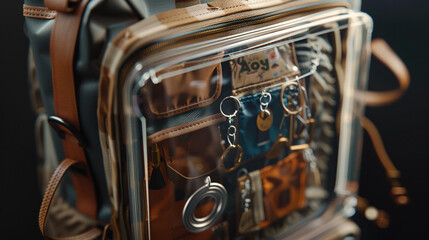 Fototapeta na wymiar A school bag with a transparent window to showcase personalized keychains.