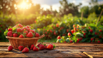 basket full of fresh strawberries on Wooden table top with blur nature farm and grass field background, Fresh and Relax concept montage product display or design key visual layout.View of copy space.
