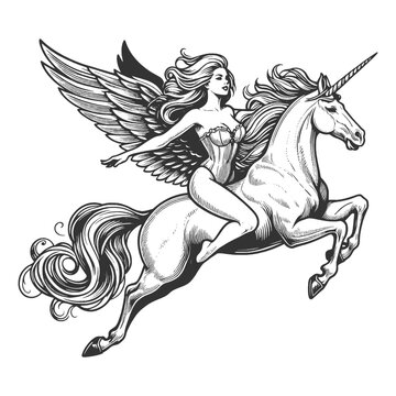 graceful winged fairy mounted on a flying unicorn with a flowing mane sketch engraving generative ai fictional character vector illustration. Scratch board imitation. Black and white image.