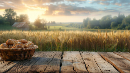 basket of fresh baked bread on Wooden table top with blur nature farm and wheat field background, Fresh and Relax concept.For montage product display or design key visual layout.View of copy space.