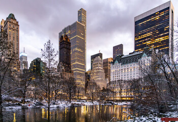 Central Park at Night in the Winter with refelections in the city. 
