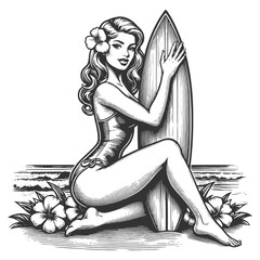 Hawaii flower pin-up girl woman with a surfboard, classic beach vibes allure of surfing culture sketch engraving generative ai fictional character vector illustration. Black and white image.