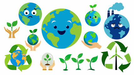 World earth day symbol set. Earth day eco organic concept bundle. Earth day emoji smiley. Happy planet, green sprout. Sad planet bad ecology. Earth day recycle globe logo, white background.