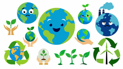 Obraz premium World earth day symbol set. Earth day eco organic concept bundle. Earth day emoji smiley. Happy planet, green sprout. Sad planet bad ecology. Earth day recycle globe logo, white background.