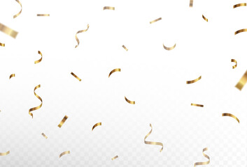 Confetti explosion on transparent background. Pieces of shiny gold paper flying and spreading. Wave effect style, eps 10