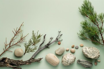 Fototapeta na wymiar Abstract nature scene with a composition of juniper, stones, and dry snags. Neutral green background for cosmetic, Copy space - generative ai