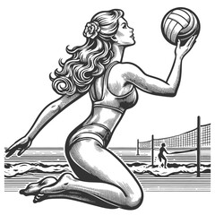 pin-up girl swimsuit playing beach volleyball, with a classic 1950s beach flair sketch engraving generative ai fictional character vector illustration. Scratch board imitation. Black and white image.