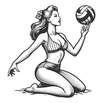 pin-up girl swimsuit playing beach volleyball, with a classic 1950s beach flair sketch engraving generative ai fictional character vector illustration. Scratch board imitation. Black and white image.