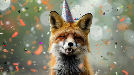 Naklejka premium A photorealistic red fox wearing a party hat with confetti around, looking happy and smiling