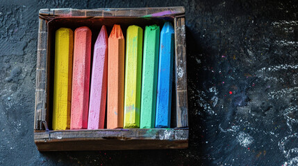 A set of colorful chalk sticks arranged in a box, ready for artistic expression on a chalkboard. - Powered by Adobe