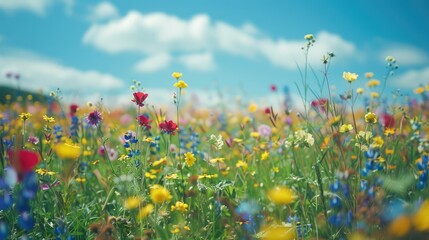 A close-up of vibrant wildflowers blooming in a meadow