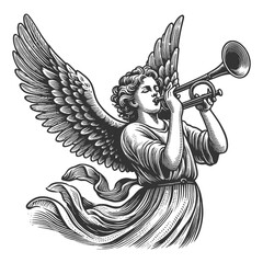 angel with majestic wings playing a horn trumpet, set against radiant light sketch engraving generative ai fictional character vector illustration. Scratch board imitation. Black and white image. - obrazy, fototapety, plakaty