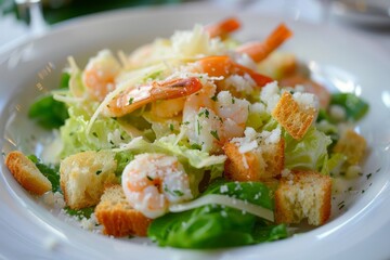 Seafood Caesar Salad with Romaine Croutons and Parmesan dressing
