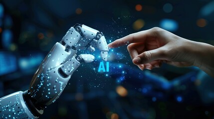 a photo of a human-like robot hand and a human hand pointing at itself on a background the letters AI