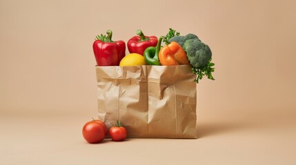 image of a paper bag filled with assorted vegetables on a light neutral background