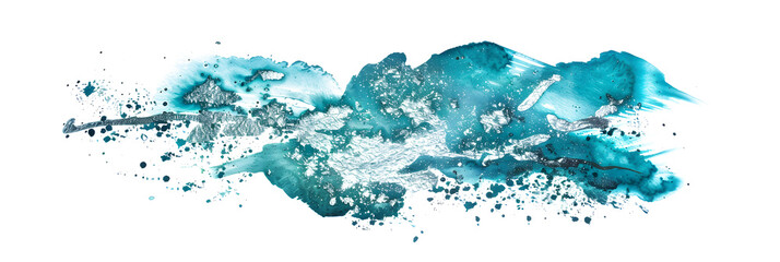 Turquoise and silver shimmering watercolor paint stain on transparent background.