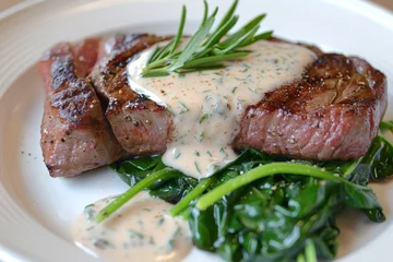 Foto auf Leinwand Sirloin steak with gorgonzola sauce and spinach medium rare © The Big L