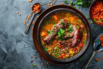 Smoked brisket and red lentil soup top view grey background Winter autumn comfort food