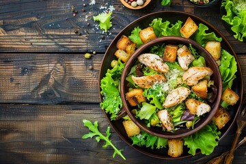 Smoked chicken salad with croutons lettuce parmesan Rustic wooden background Top down view