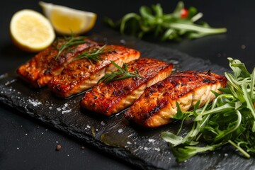 Smoked fish and salmon on slate with lemon and rocket salad