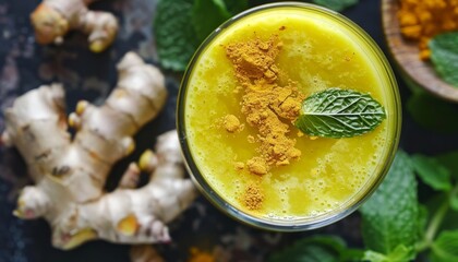 Smoothie made with bitter melon turmeric and ginger - obrazy, fototapety, plakaty