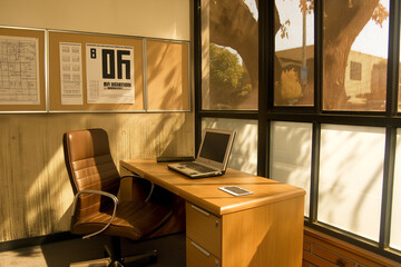 Minimalist office space with wide desk and earthy palette, afternoon light in San Francisco corporate building, fostering a productive ambiance.