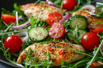 Spicy chicken with vegetables and rocket Homemade healthy meal idea Close up shot Recipe for Paleo diet