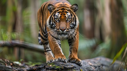 Forest Predator: Tiger's Intense Gaze in Natural Habitat