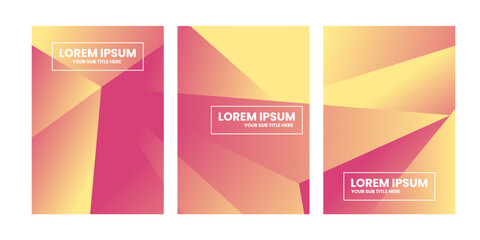 Fototapeta premium Three panels with pink and yellow geometric shapes and white text.