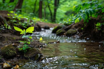 A lush micro-ecosystem with moss-covered stones, tiny trees, and a meandering stream creating a tranquil scene