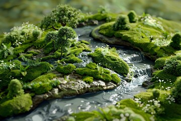 A lush micro-ecosystem with moss-covered stones, tiny trees, and a meandering stream creating a tranquil scene