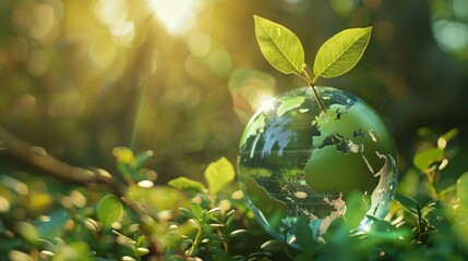 A young plant sprouts from a globe nestled in foliage, symbolizing environmental care and global sustainability.