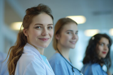 Smiling young female healthcare workers standing together in a hospital corridor