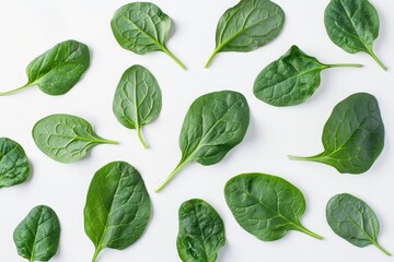 Spinach leaves on white background Top view